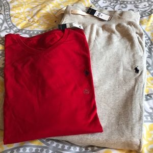 Polo V-Neck Tee (Red) , Polo Sweatpants (Oatmeal)